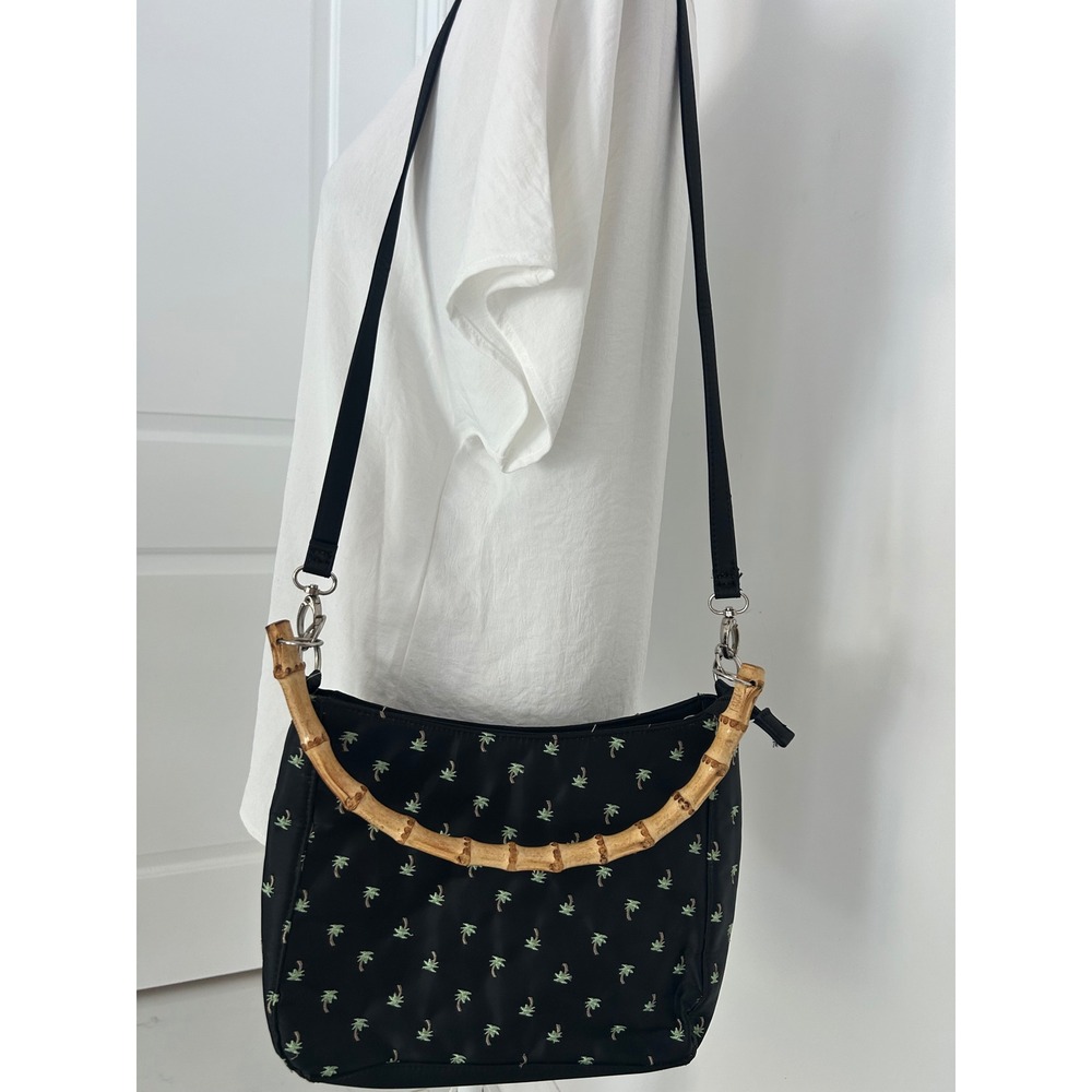 Bueno Black Palm Tree Embroidered Crossbody Bag Bamboo Handle Tropical Nylon